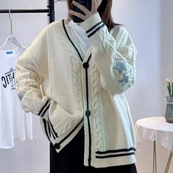 Women's Acrylic Knit Cardigan V-Neck Long Sleeve Oversized Button Sweater - Picture 6 of 7